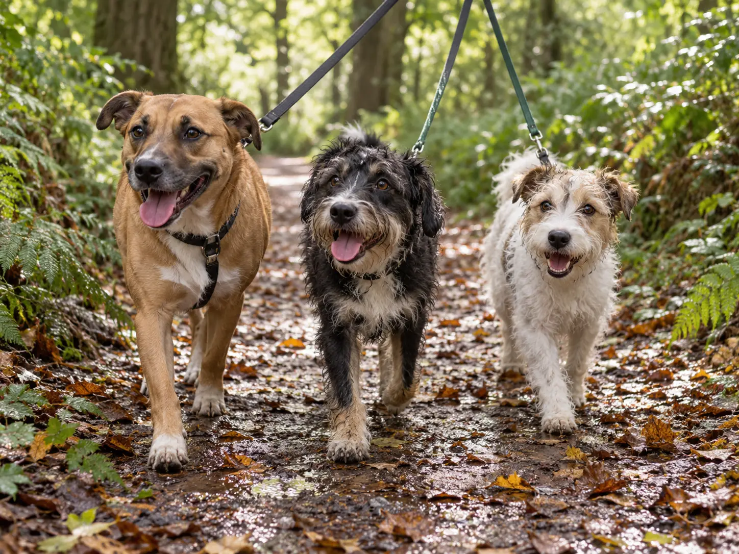 Dogs walking in woodland